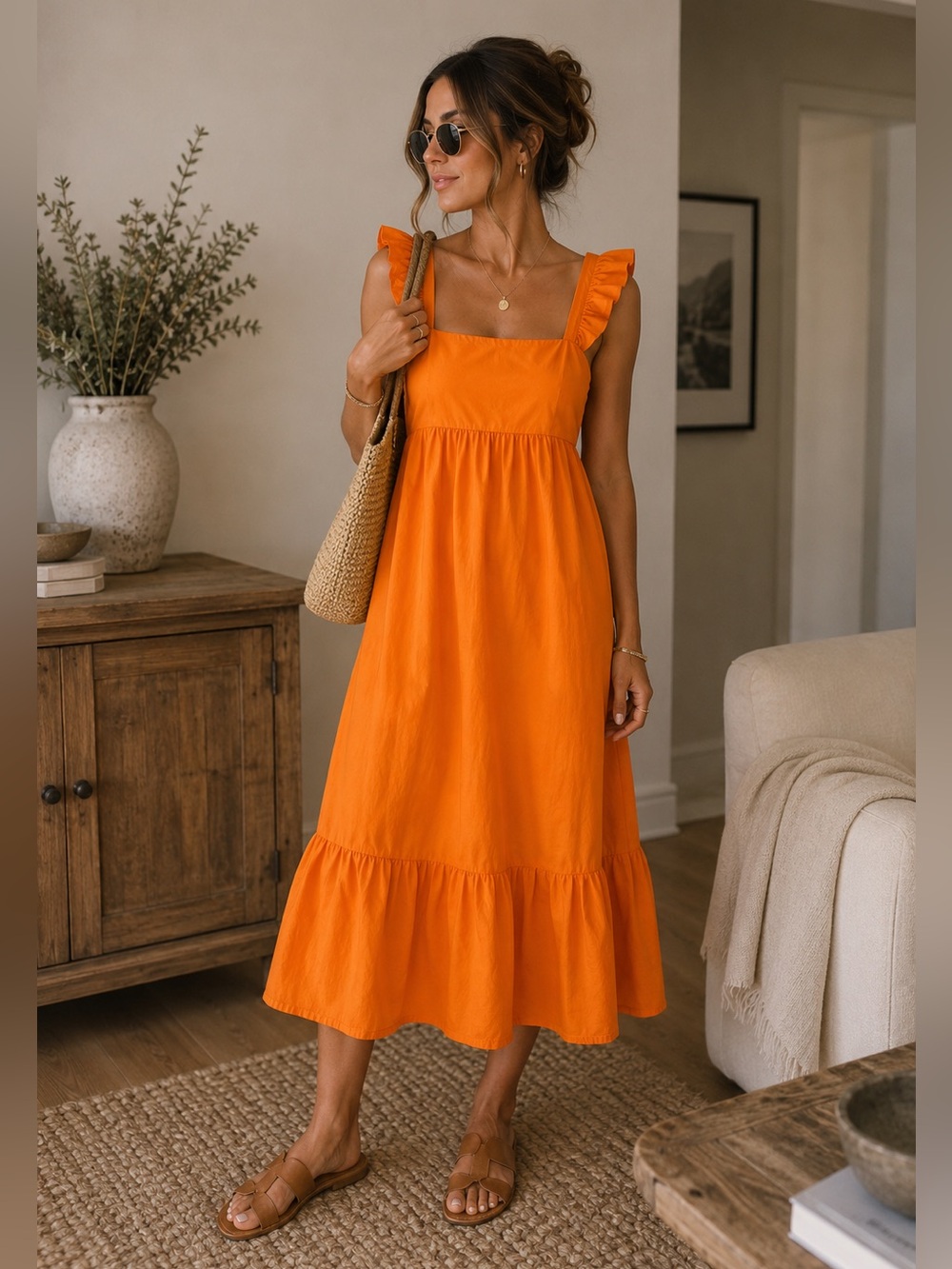 Adelyn Rae Orange Ruffle Poplin Dress